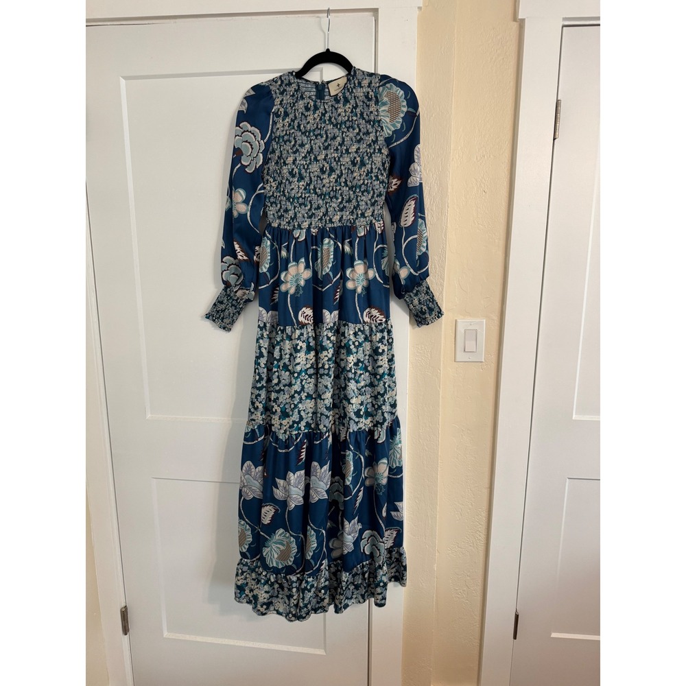 Tuckernuck Blue Floral Smocked Bodice Tiered Maxi Dress Long Sleeve XS - Picture 3 of 9